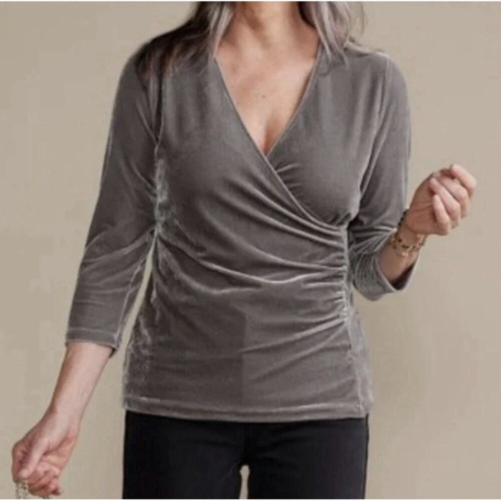 Soft Surroundings Alyssa Velvet Surplice Faux Wrap Top L Gray Chic Velour